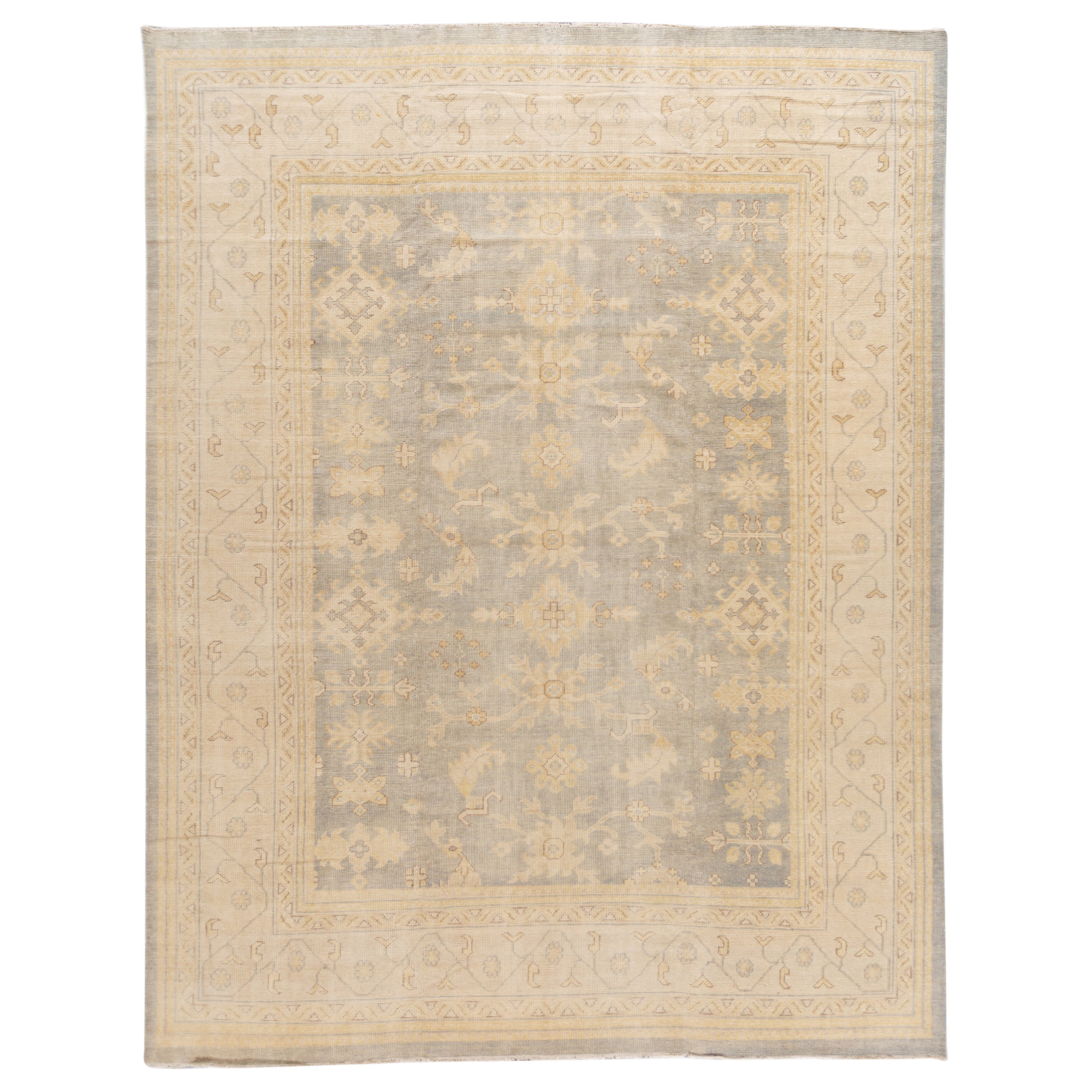 Modern Oushak Style Wool Rug with Gray Handmade Floral Motif