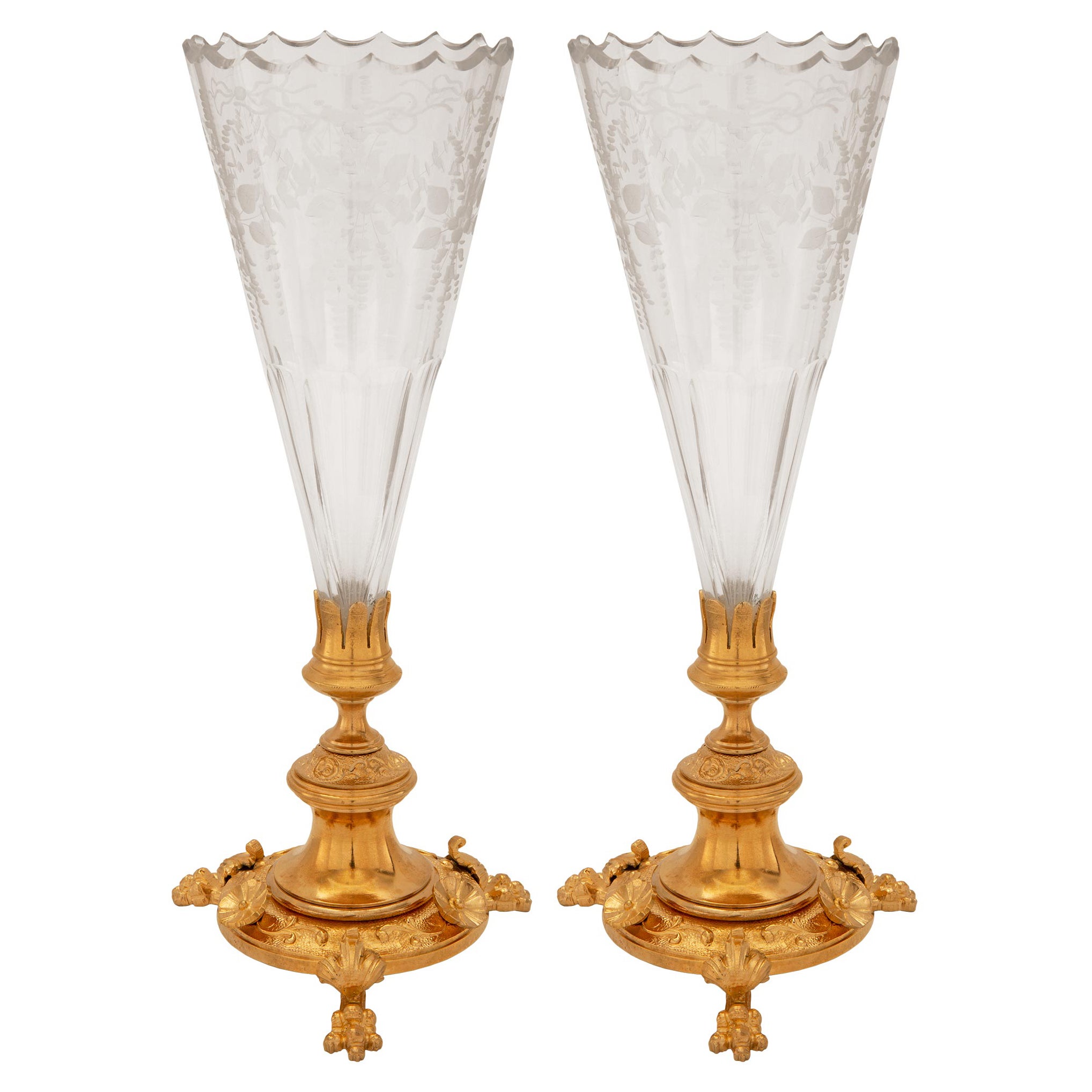 Pair of French 19th Century Renaissance St. Ormolu and Etched Glass Vases For Sale