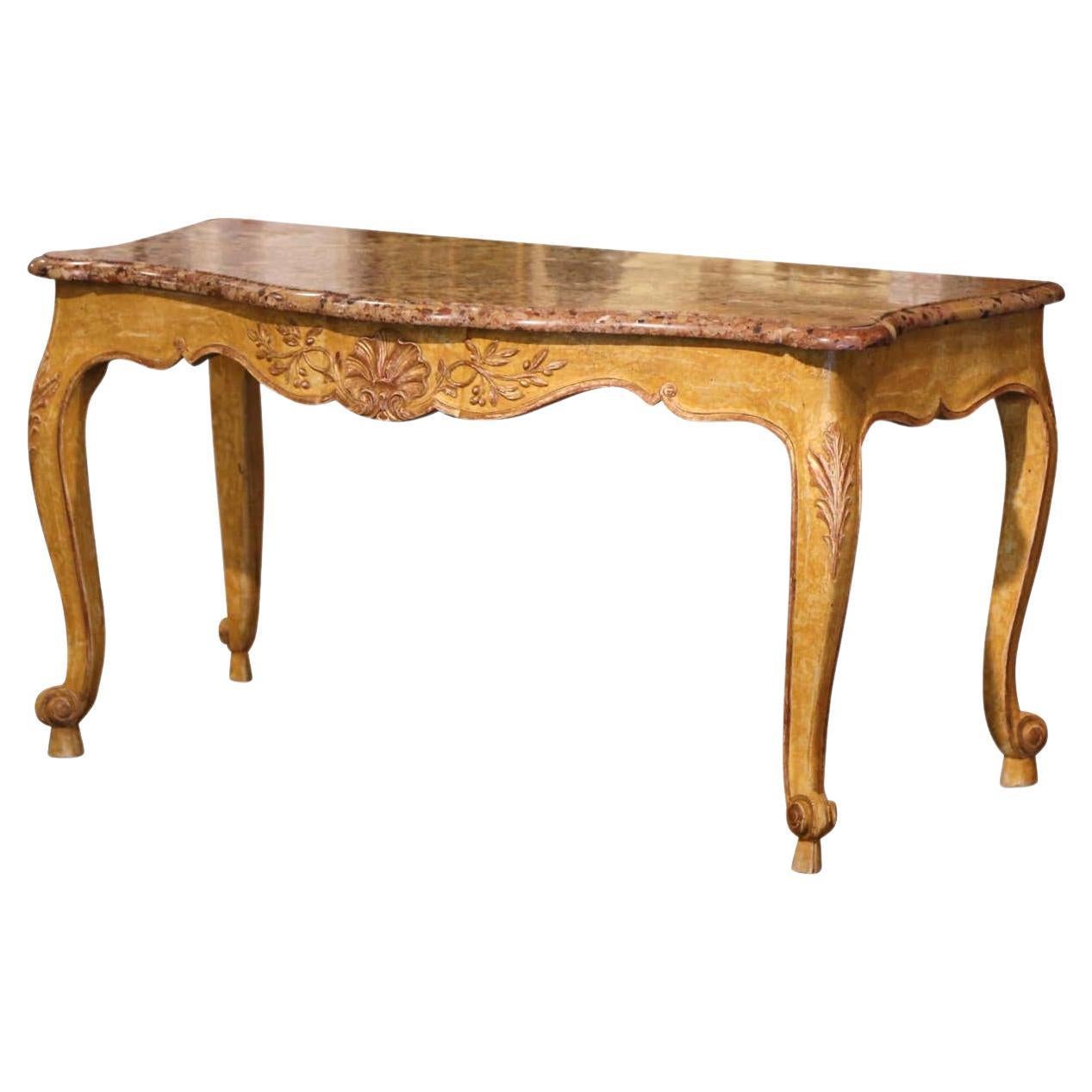 19th Century French Louis XV Provencal Marble Top Carved Painted Console Table