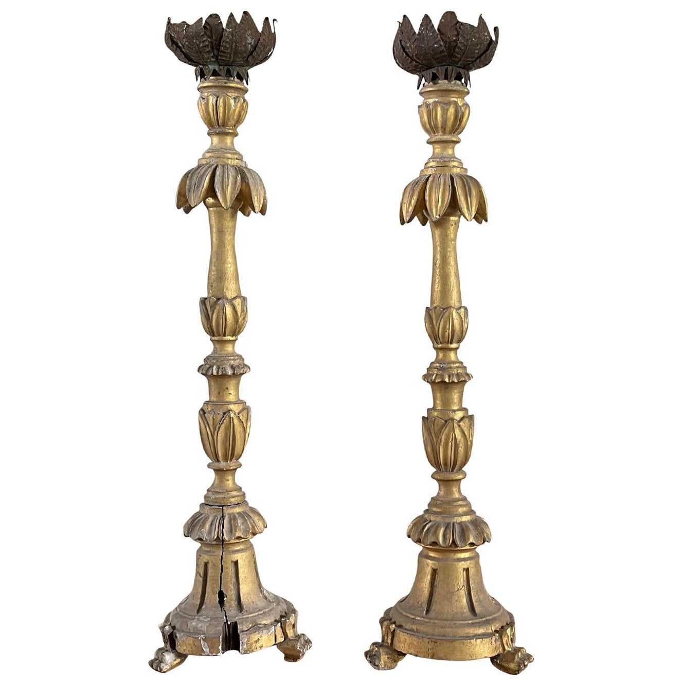 19th Century Gold French Pair of Antique Gilded Pinewood Candle Holders