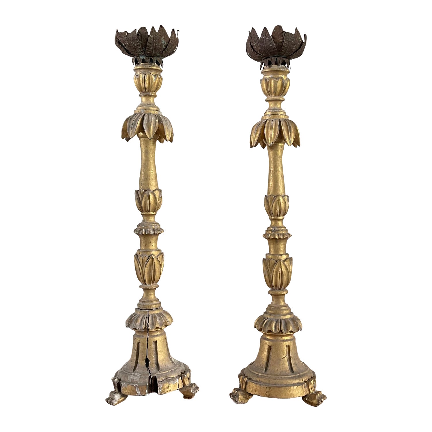 19th Century Gold French Pair of Antique Gilded Pinewood Candle Holders