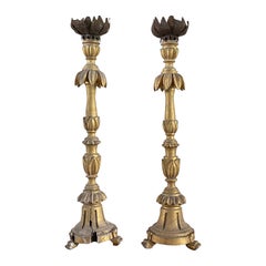 19th Century Gold French Pair of Antique Gilded Pinewood Candle Holders