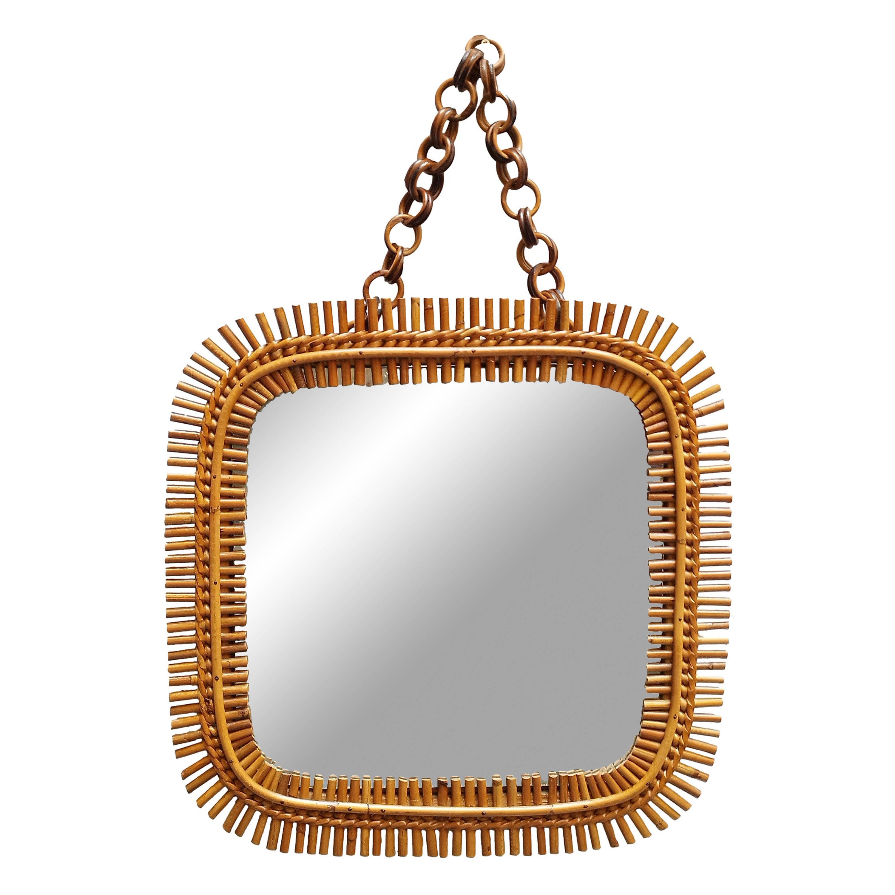 Olaf Von Bohr Style Rattan Square Wall Mirror, Italy, 1960s For Sale