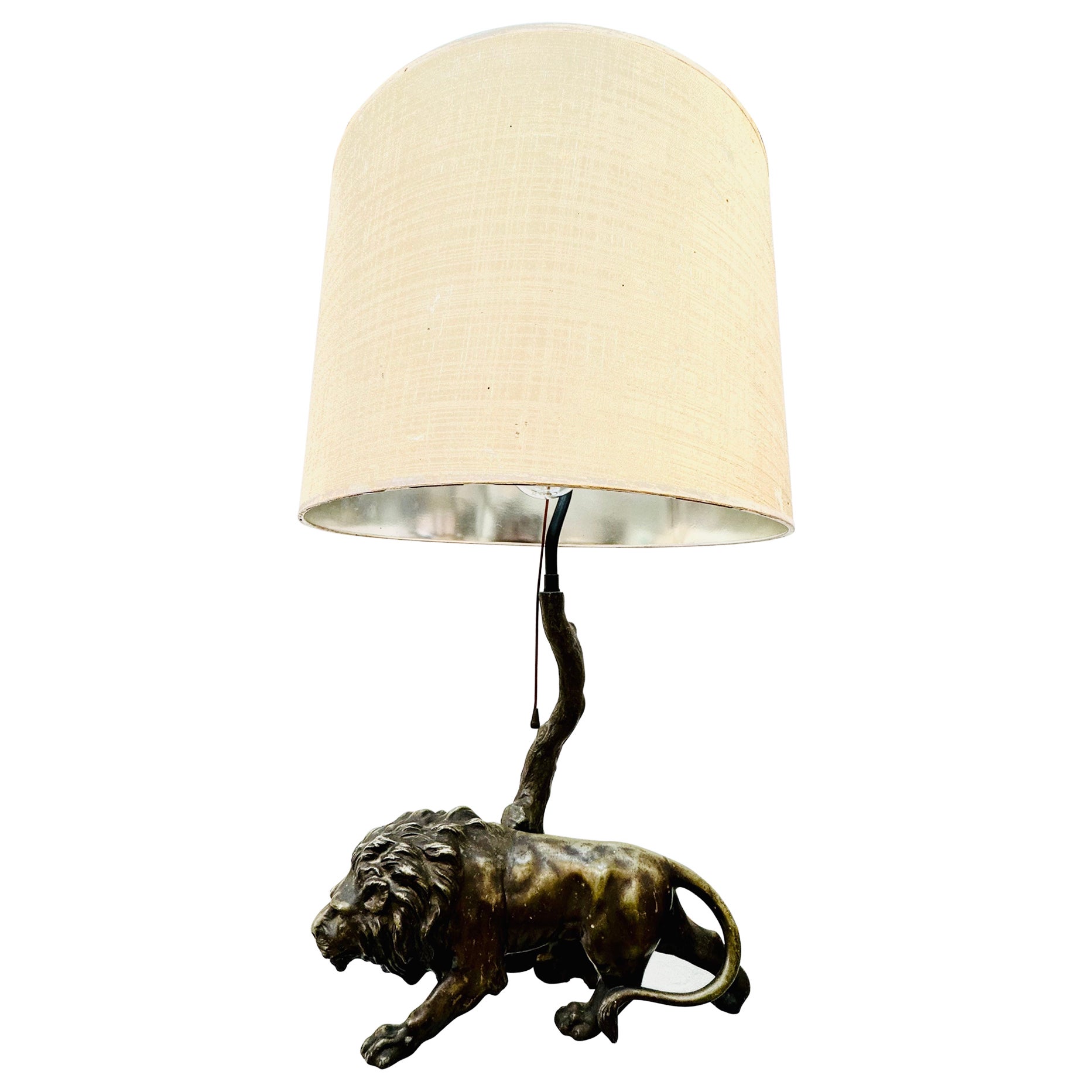 1910 Antique Spelter Bronze Effect Prowling Lion Table Lamp Inc Original Shade For Sale