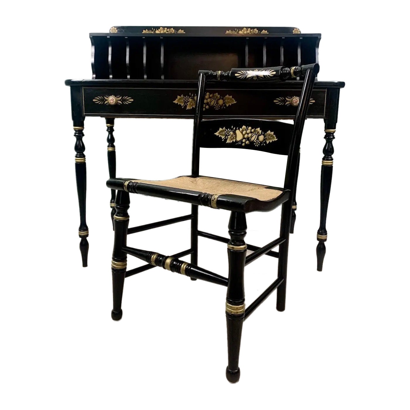 Black & Gold Hitchcock Style Secretary Desk & Chair - 2pc Set For Sale