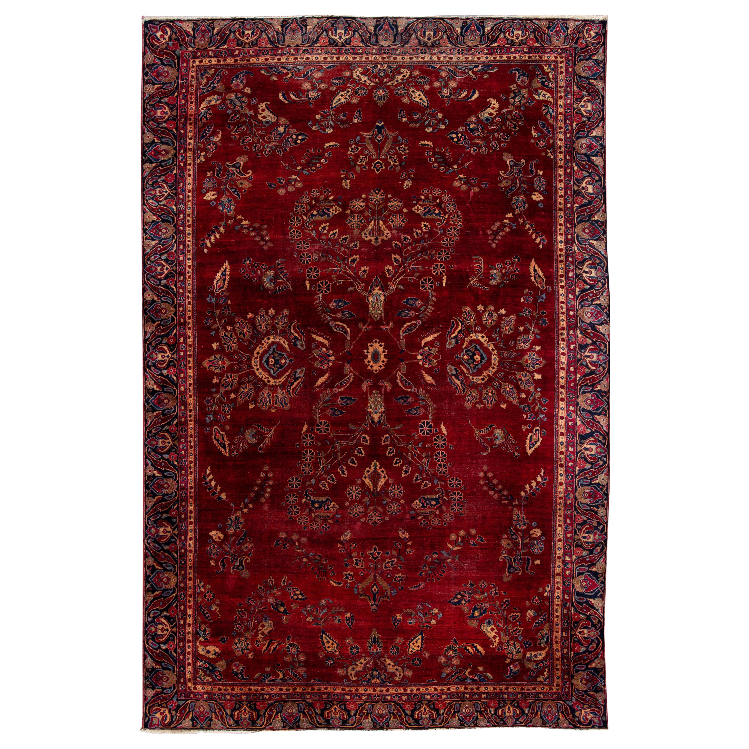 Red Antique Persian Sarouk Wool Rug Handmade with Classic Floral Design For Sale