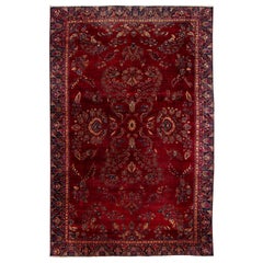 Red Antique Persian Sarouk Wool Rug Handmade with Classic Floral Design