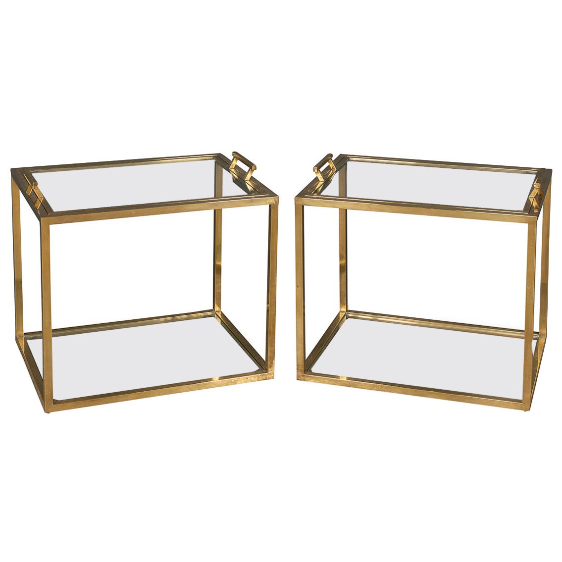 Pair of Italian Brass Side Tables with Removable Trays, circa 1970