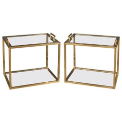 Vintage Pair of Italian Brass Side Tables with Removable Trays, circa 1970