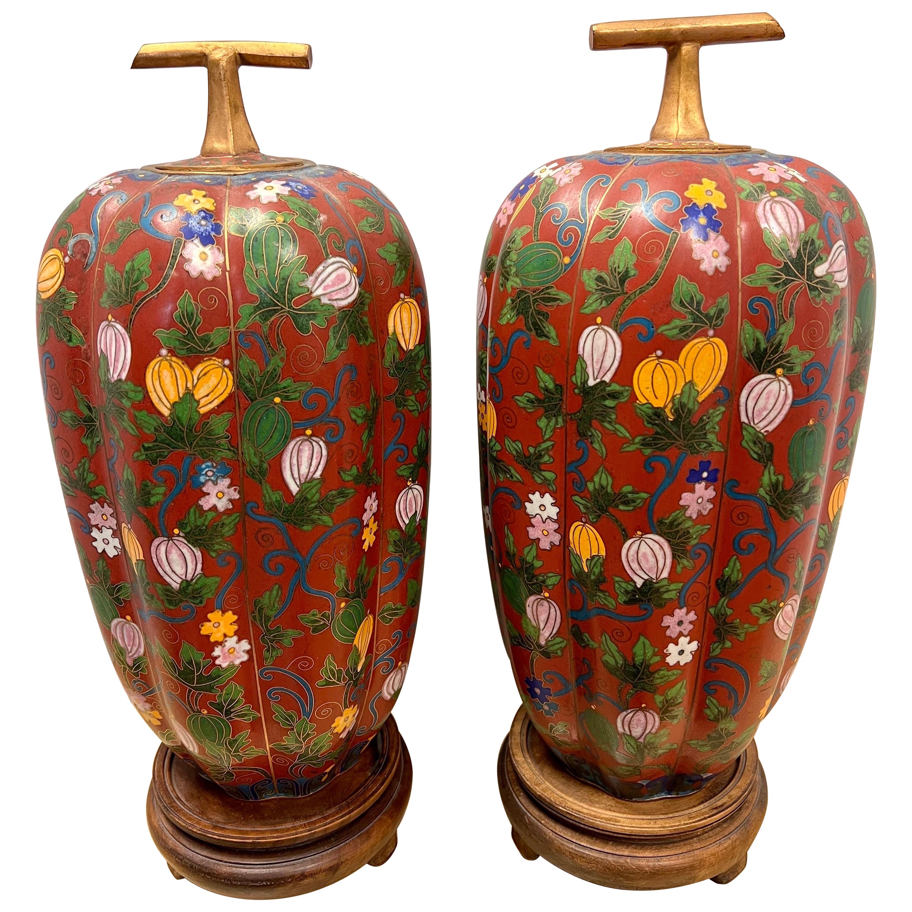 Pair of Chinese Red and Bronze Cloisonne Gourd Covered Urns Jars