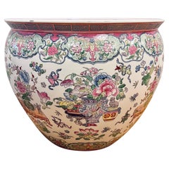 Large Chinese Rose Medallion Porcelain Fish Bowl Planter Chinoiserie