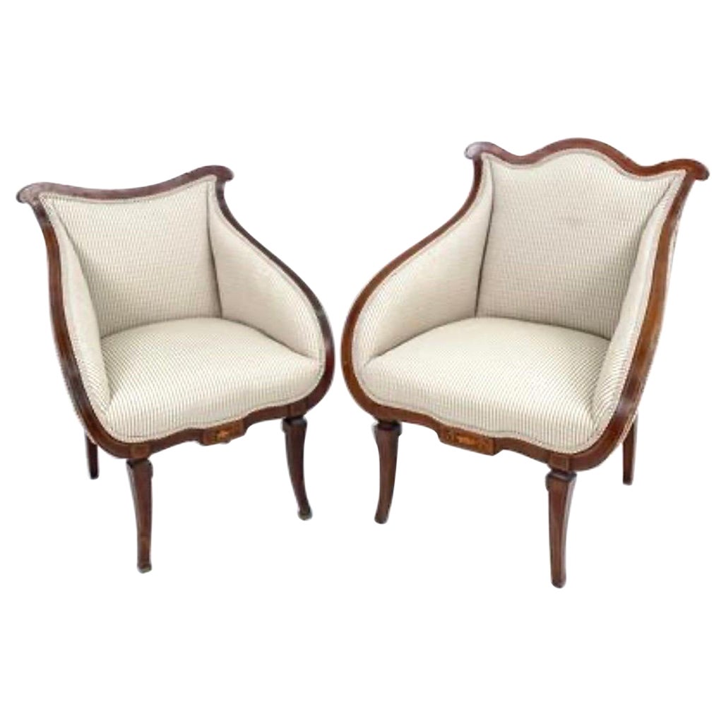 Antique Regency Style Mahogany Inlay His & Hers Armchairs Chairs Set of Two