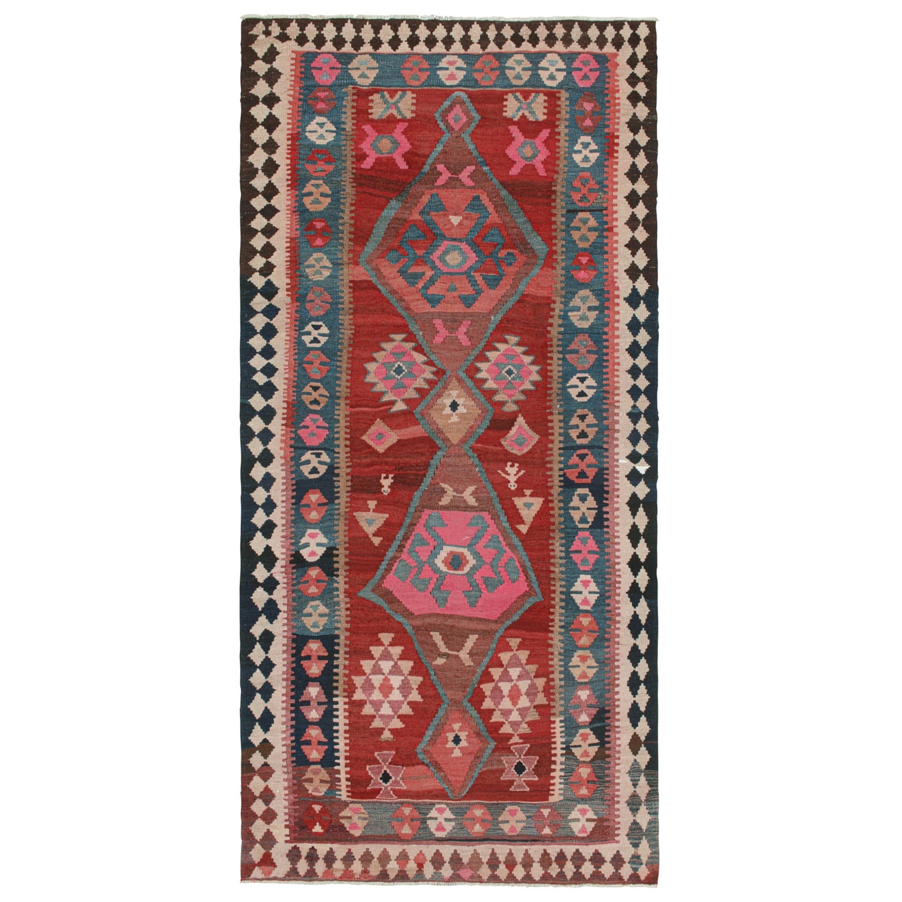 Vintage Shahsavan Persian Kilim in Red, Blue & Pink Patterns For Sale