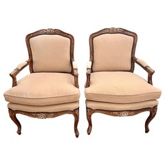 Pair of French Louis XV Bergere Armchairs Chairs with New Upholstery