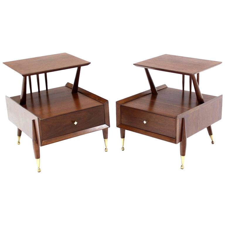 Pair of Walnut Step Nightstands or End Tables on Ball Legs For Sale at