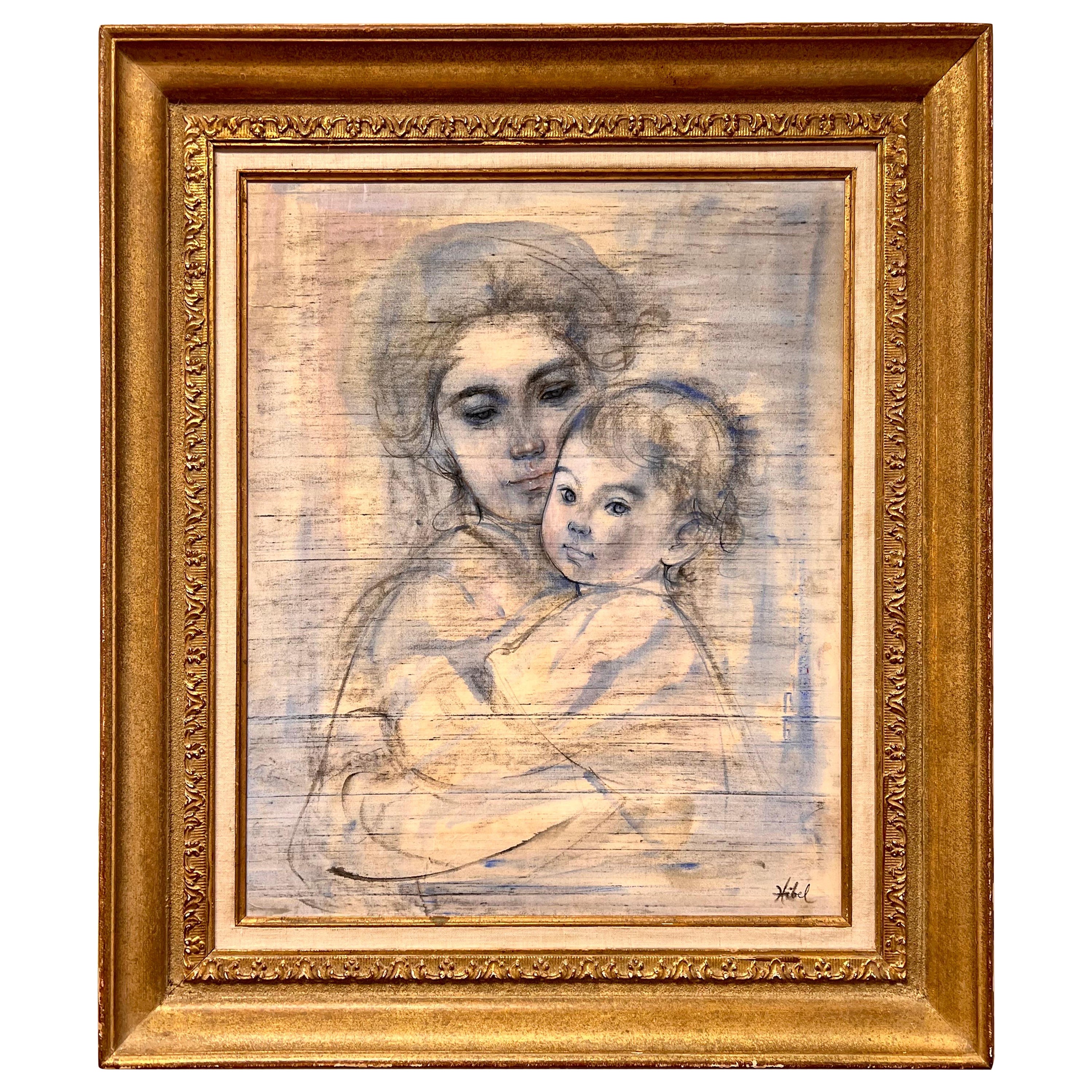 Rare Original Signed Edna Hibel Watercolor Painting on Silk in Gilt Gold Frame For Sale