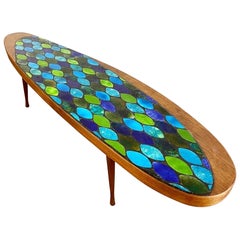 Briard Martz Style Mid Century Surfboard Coffee Table Ceramic Tile Inlaid