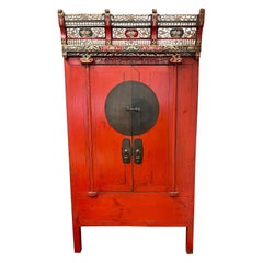 Antique Red Lacquer Chinoiserie Chinese Wedding Cabinet Armoire Linen Press