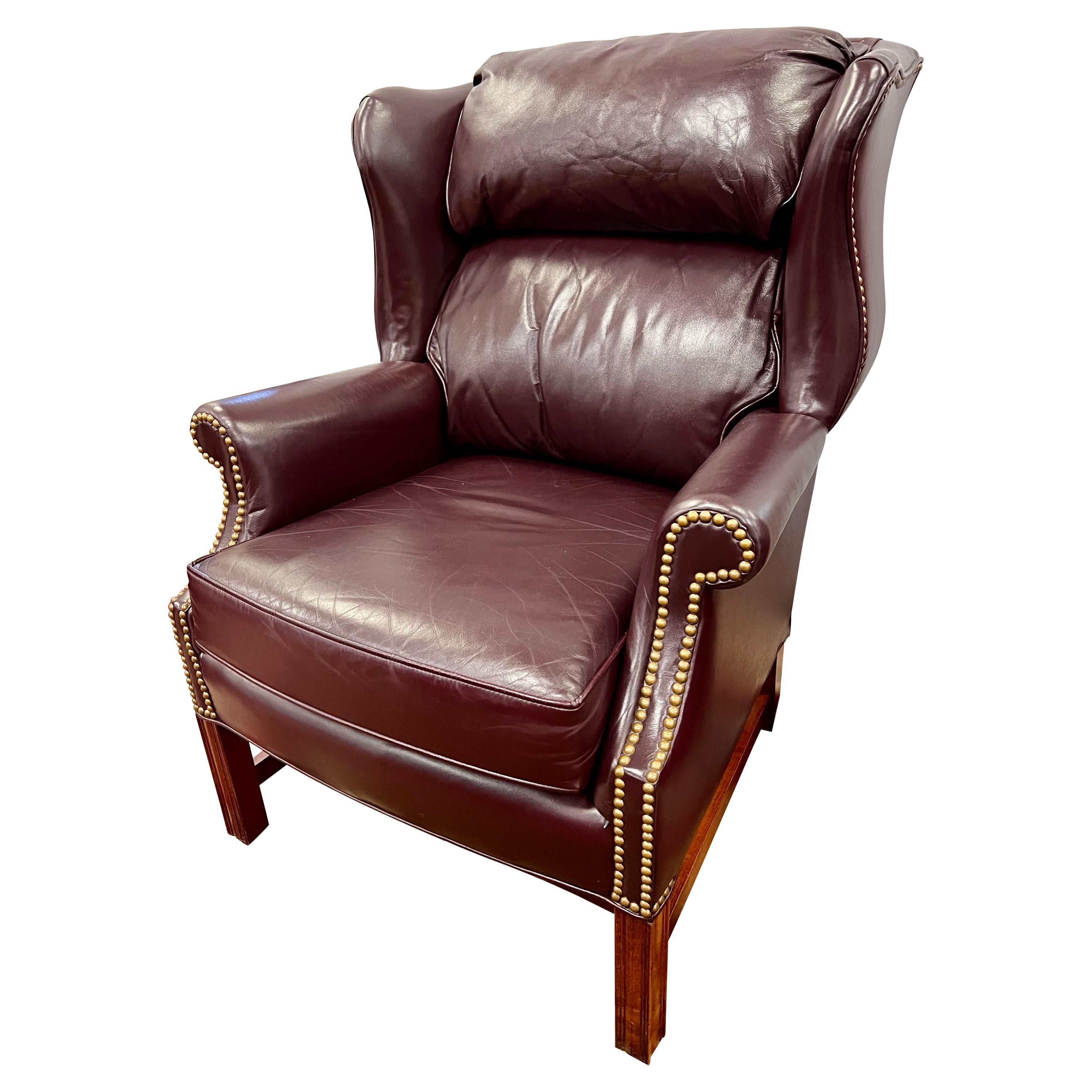 Burgundy Leather Wingback Chair with Nailheads