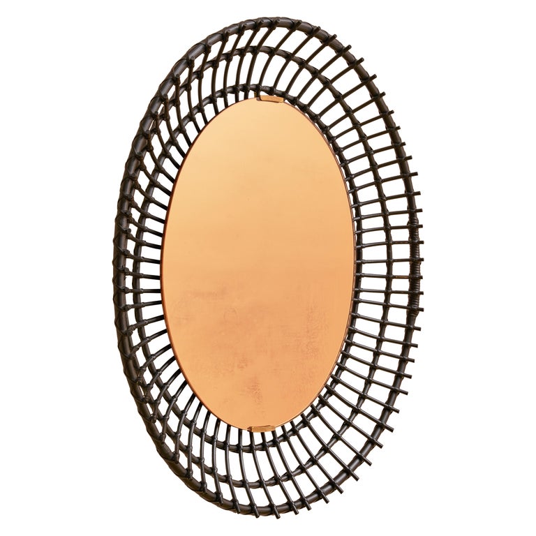 Black Rattan and Copper Color Mirror by Santambrogio and De Berti circa