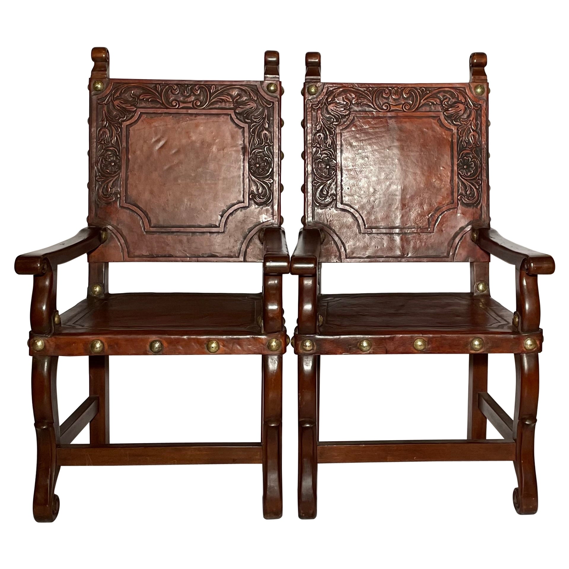 Pair Antique Italian Leather Armchairs For Sale