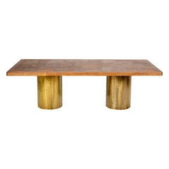 Rectangular Dining Table with Oak Parquet Top and Brass Pedestal Legs