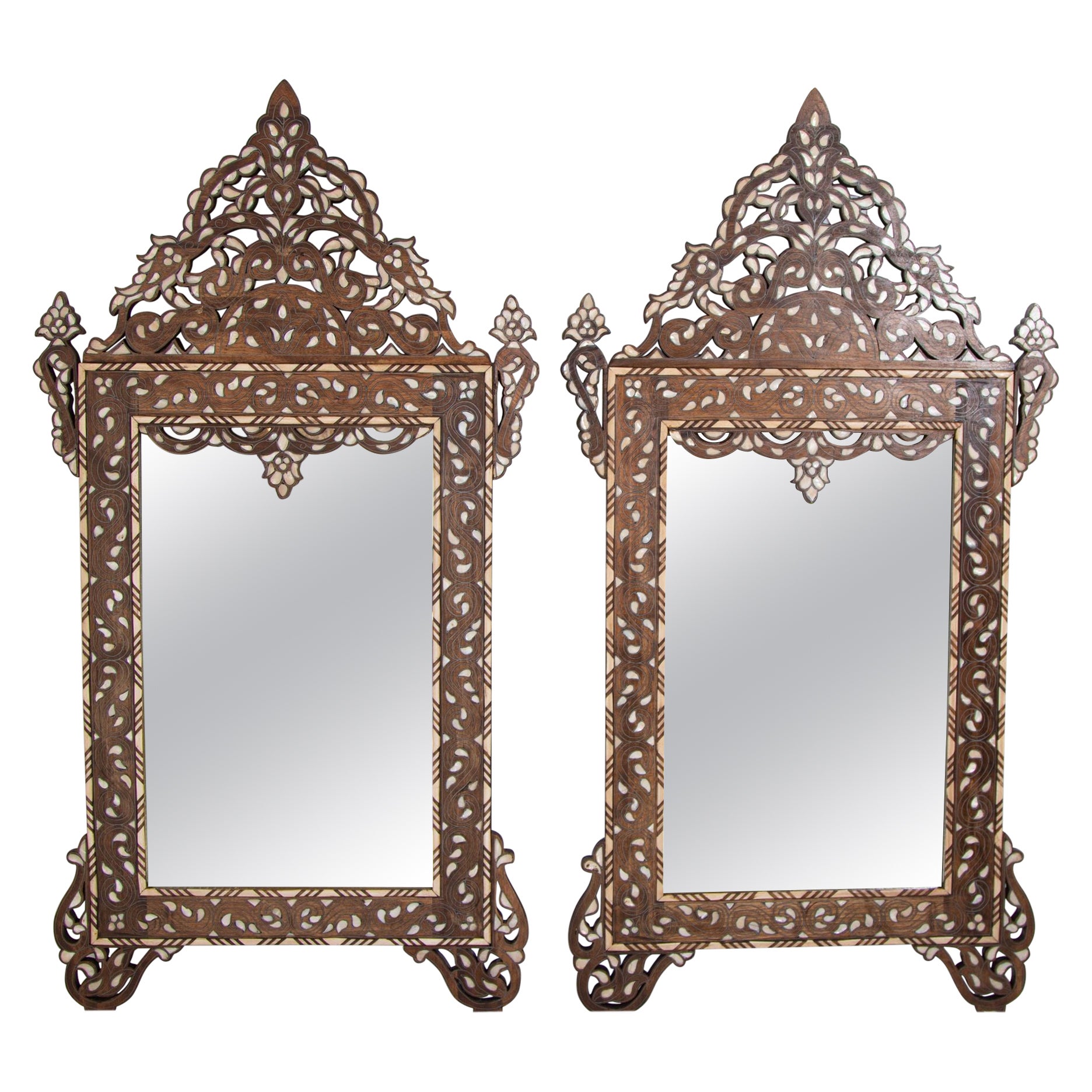 Damascene Moorish Bone Inlaid Mirrors With Floral Motif 52" H. A Pair For Sale