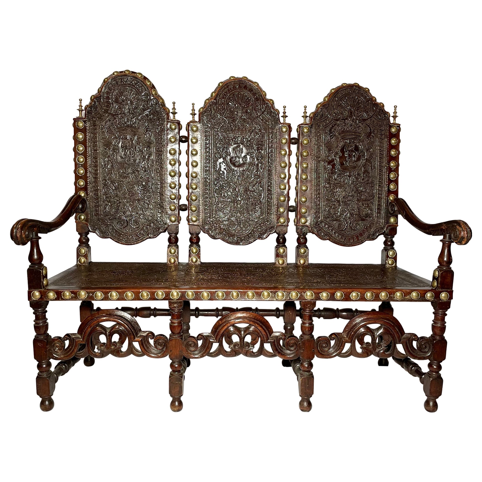 Antique Portuguese Oak & Leather Bench, circa 1800