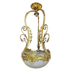 Early 20th Century Antique Bronze Chandelier, Cut Glass Bowl from Paris France