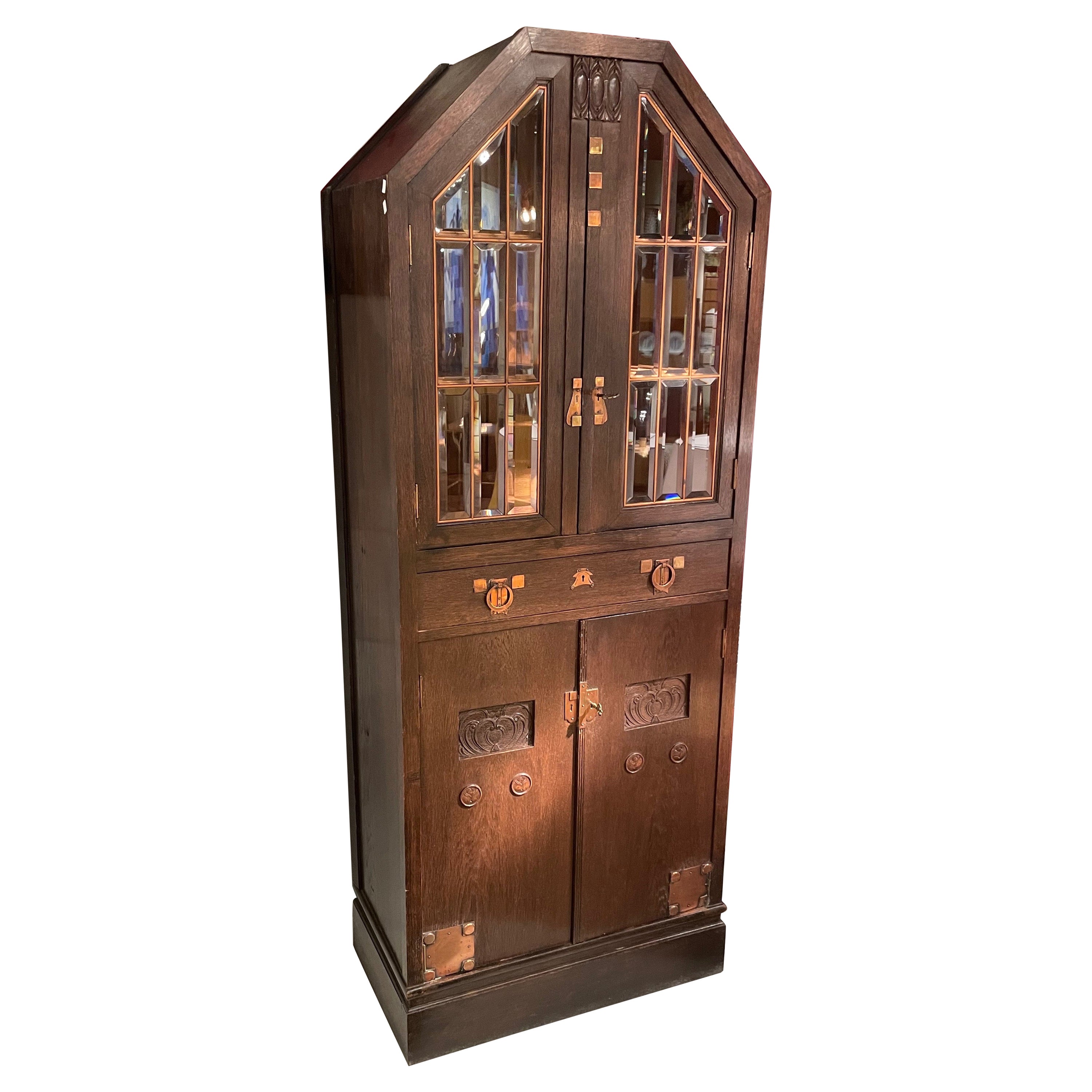 Fine Art and Craft Cutaway Shape Oak Armoire Probably, Vienna, 1890 For Sale