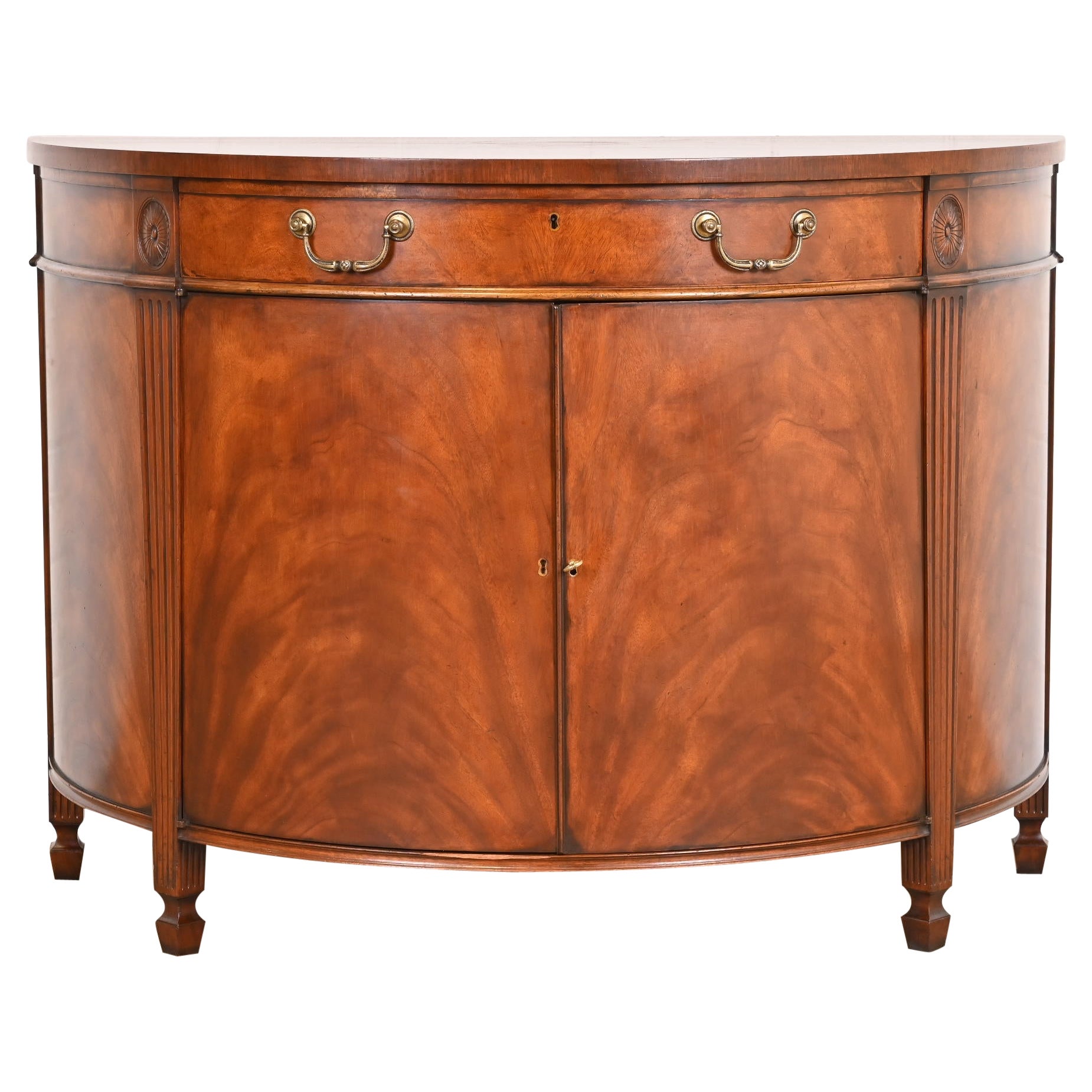 Georgian Flame Mahogany Demilune Cabinet in the Manner of Baker Furniture