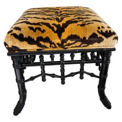 Vintage Faux Bamboo Bench with Scalamandre Tiger Velvet Fabric Seat