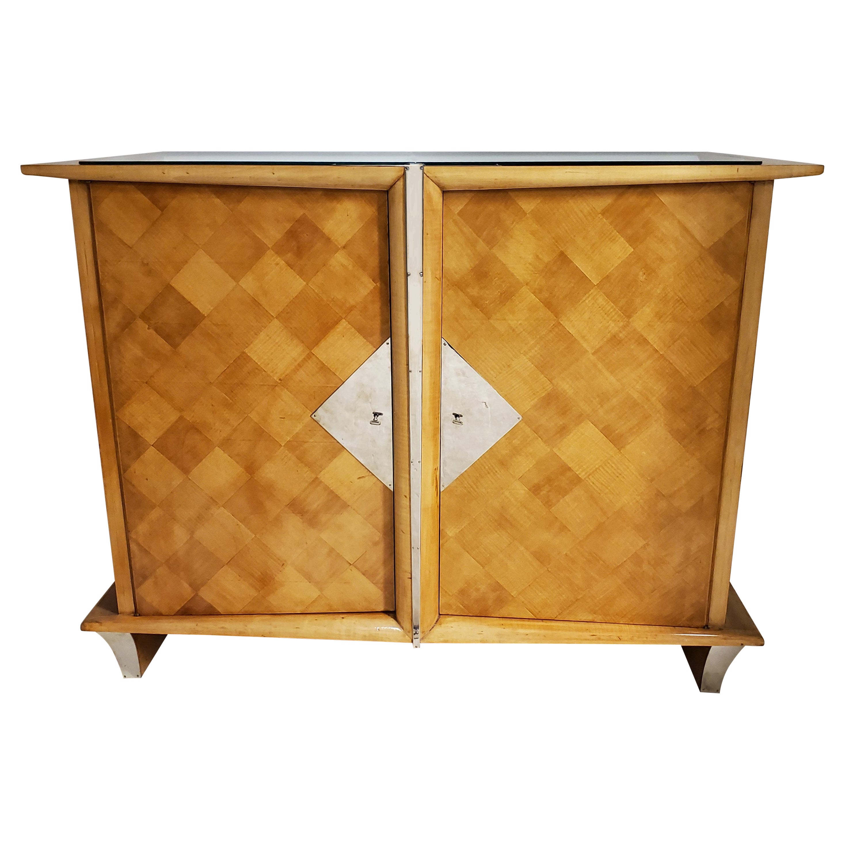 French Modern Tall Blonde Parquetry Cabinet, Mini Armoire W/ Nickel Trim For Sale