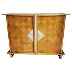 French Modern Tall Blonde Parquetry Cabinet, Mini Armoire W/ Nickel Trim