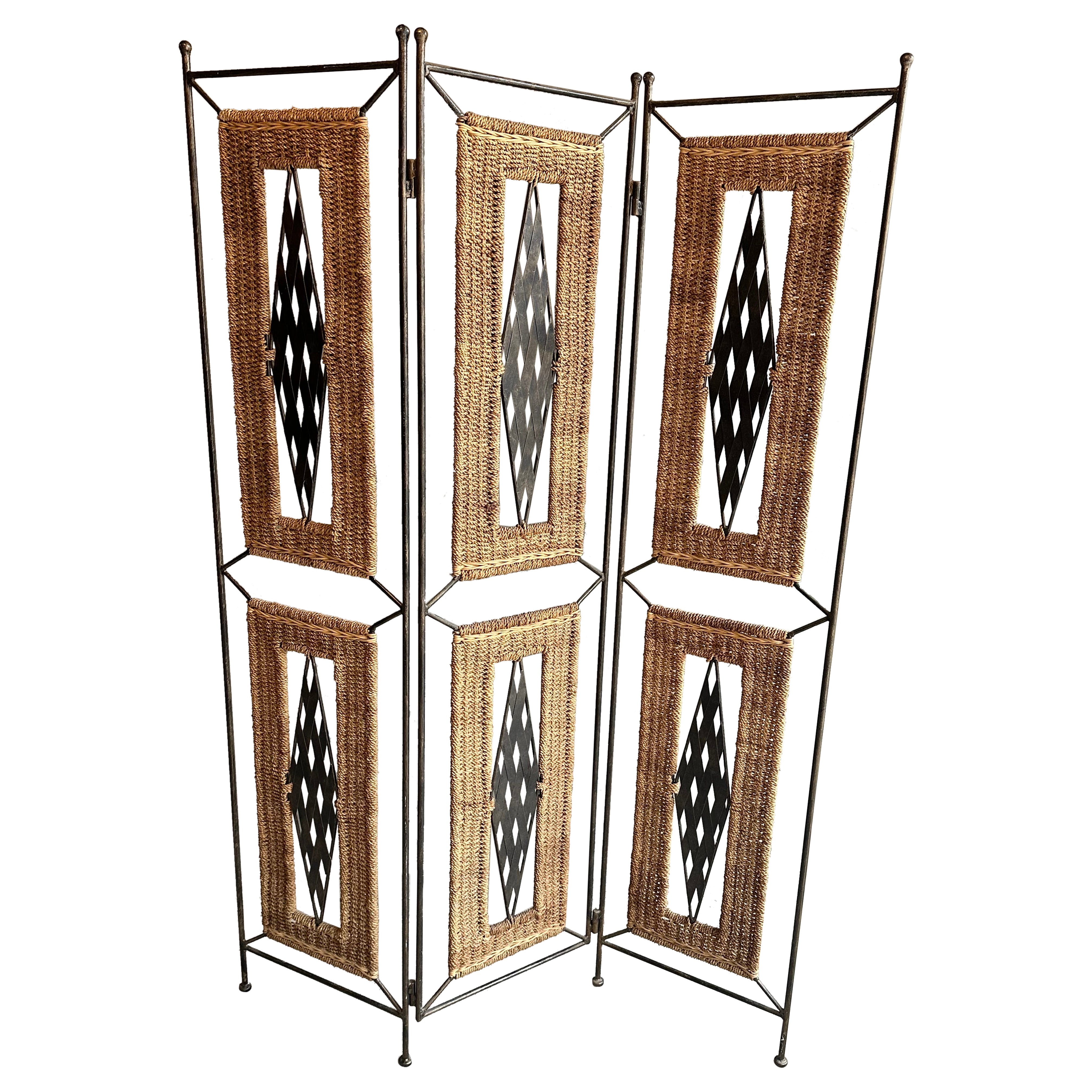 Steel and Wicker Folding Screen, France, 1950s