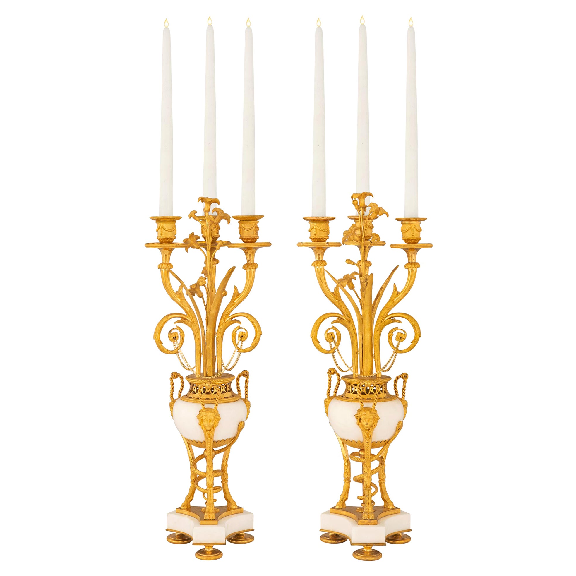 Pair of French 19th Century Louis XVI St. Marble and Ormolu Candelabras For Sale