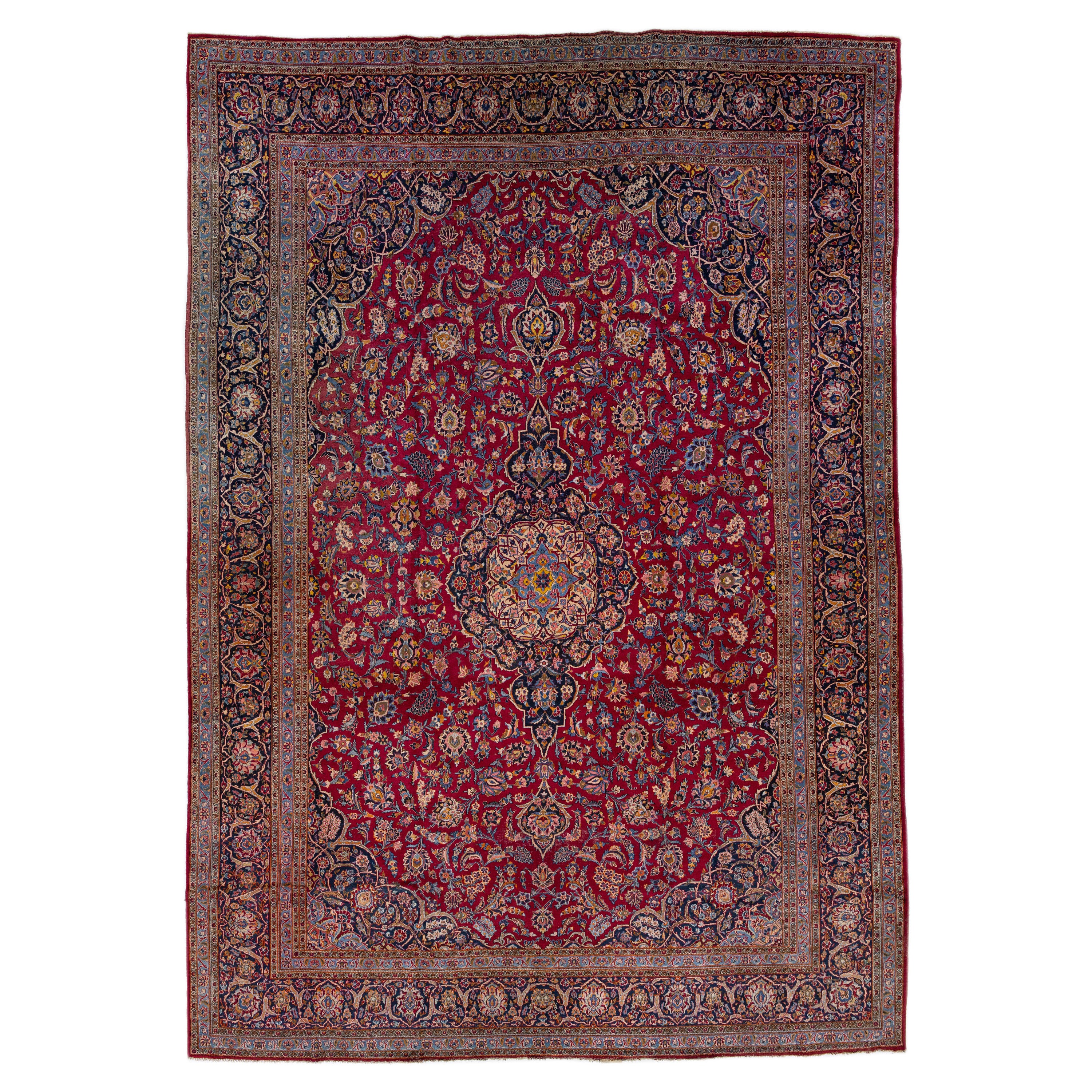 Oversize Antique Persian Kashan Red Wool Rug with Medallion Motif