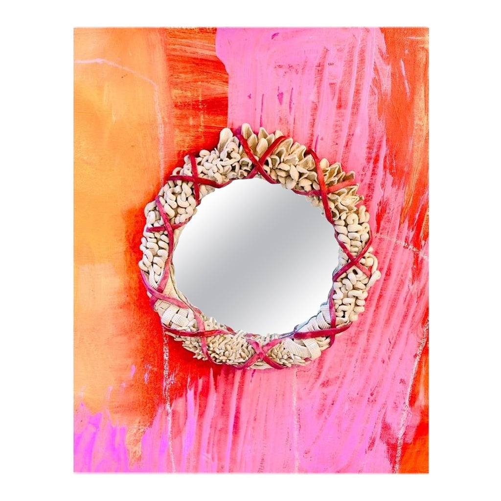 Ceramic Mirror in Cream and Pink For Sale