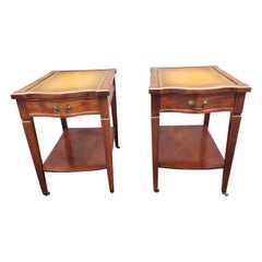 1940s Mersman Two Tier Mahogany Tooled Leather Stenciled Top Side Tables