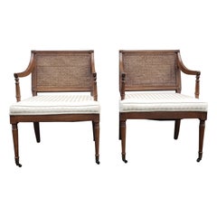 Pair of Midcentury Walnut and Cane Back Upholtered Seat Lounge Chairs