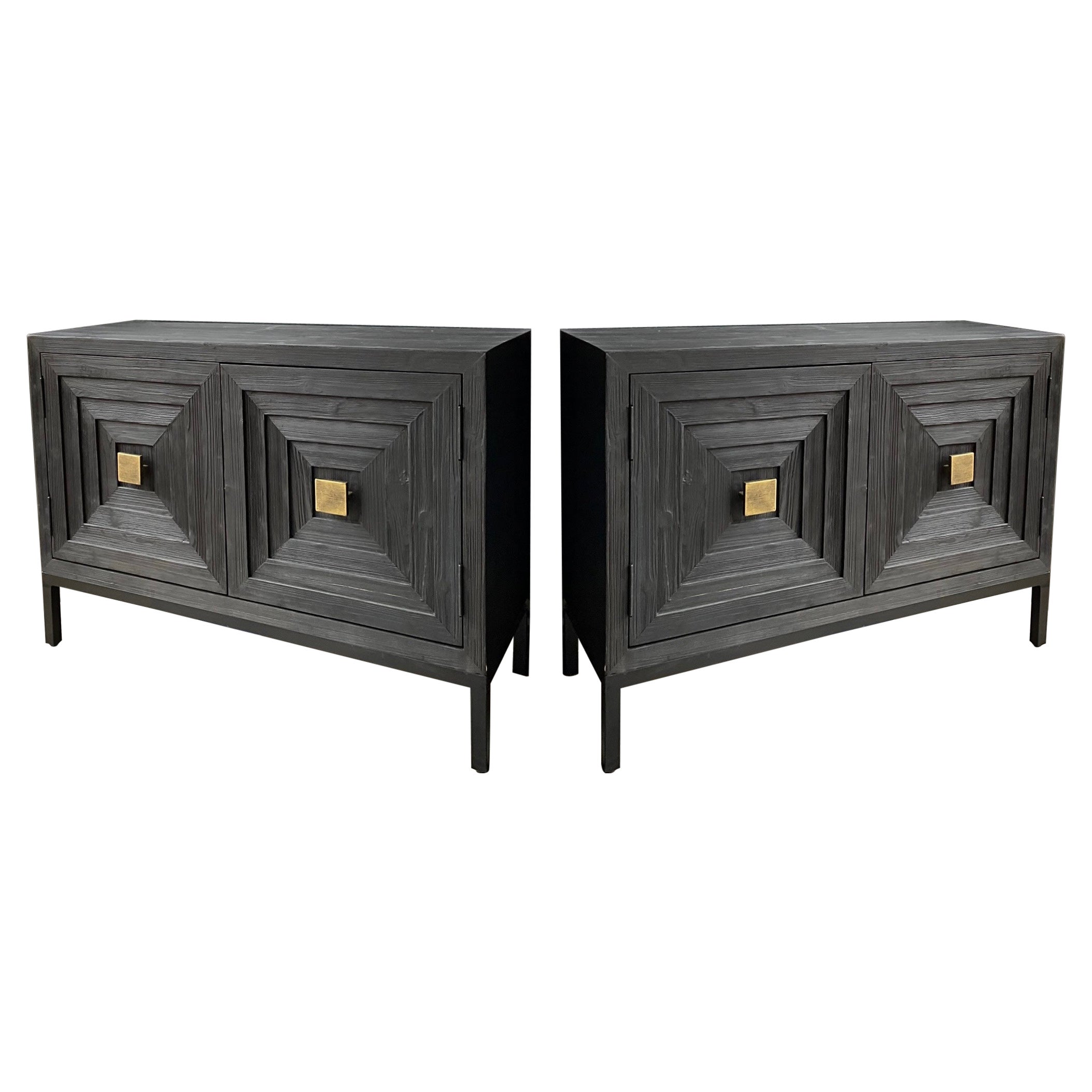 New Uttermost Organic Modern Distressed Black and Gilt Cabinets, Pair For Sale