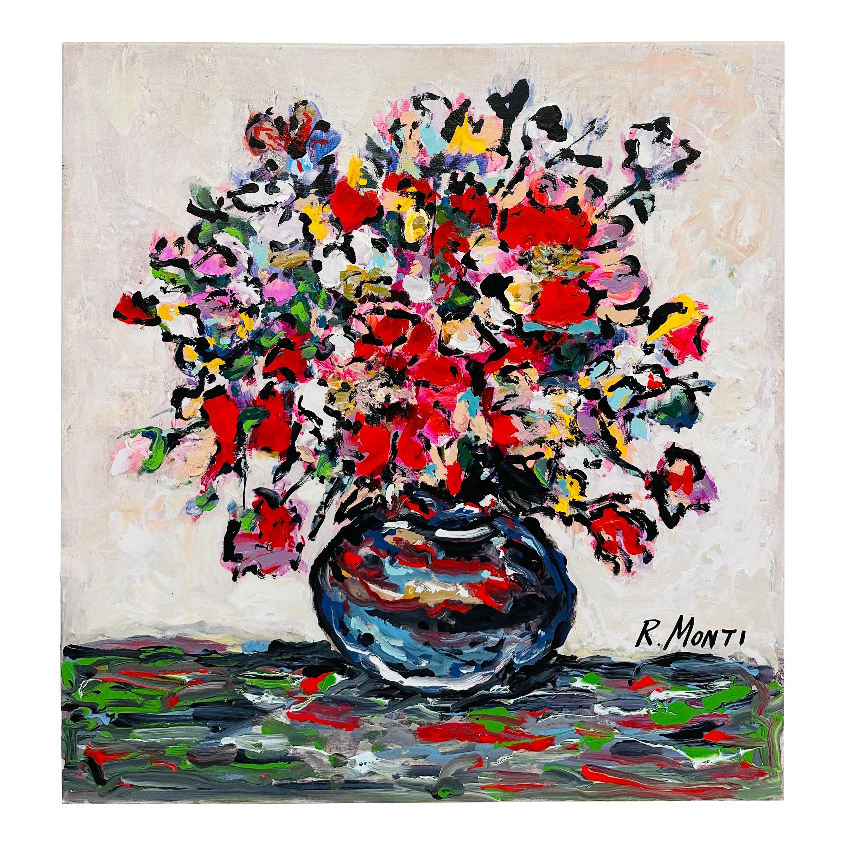 Modernes abstraktes geblümtes Gemälde, signiert R. Monti im Angebot
