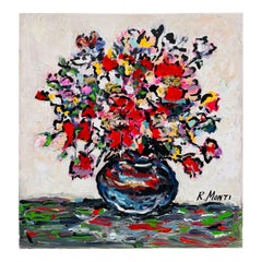 Peinture florale abstraite moderne signée R. Monti