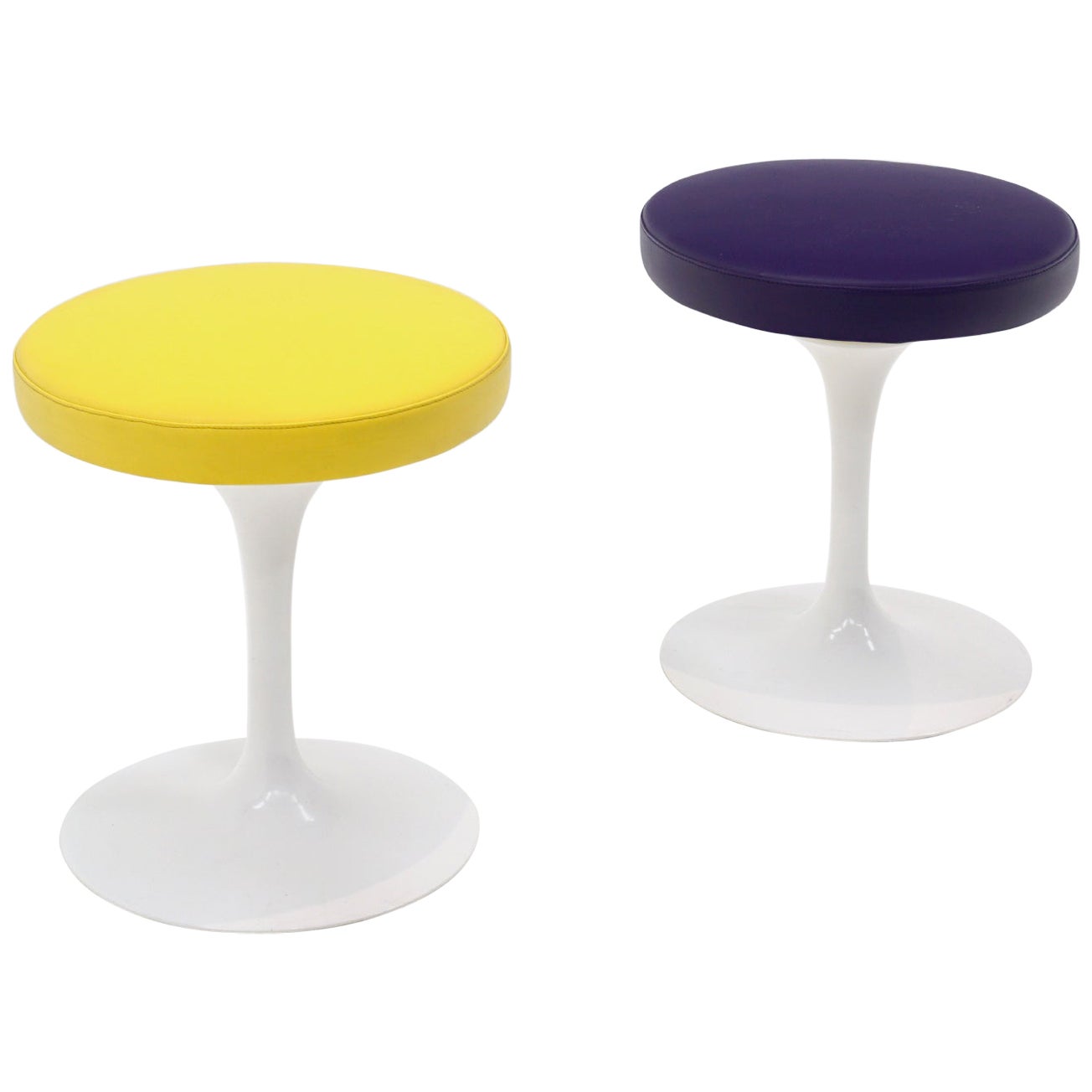 Two Swivel Tulip Stools by Eero Saarinen for Knoll, Yellow and Purple, Signed For Sale