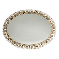 Large Oval 50s Illuminated Flower Mirror by Schöninger with a Gold-Colored Frame