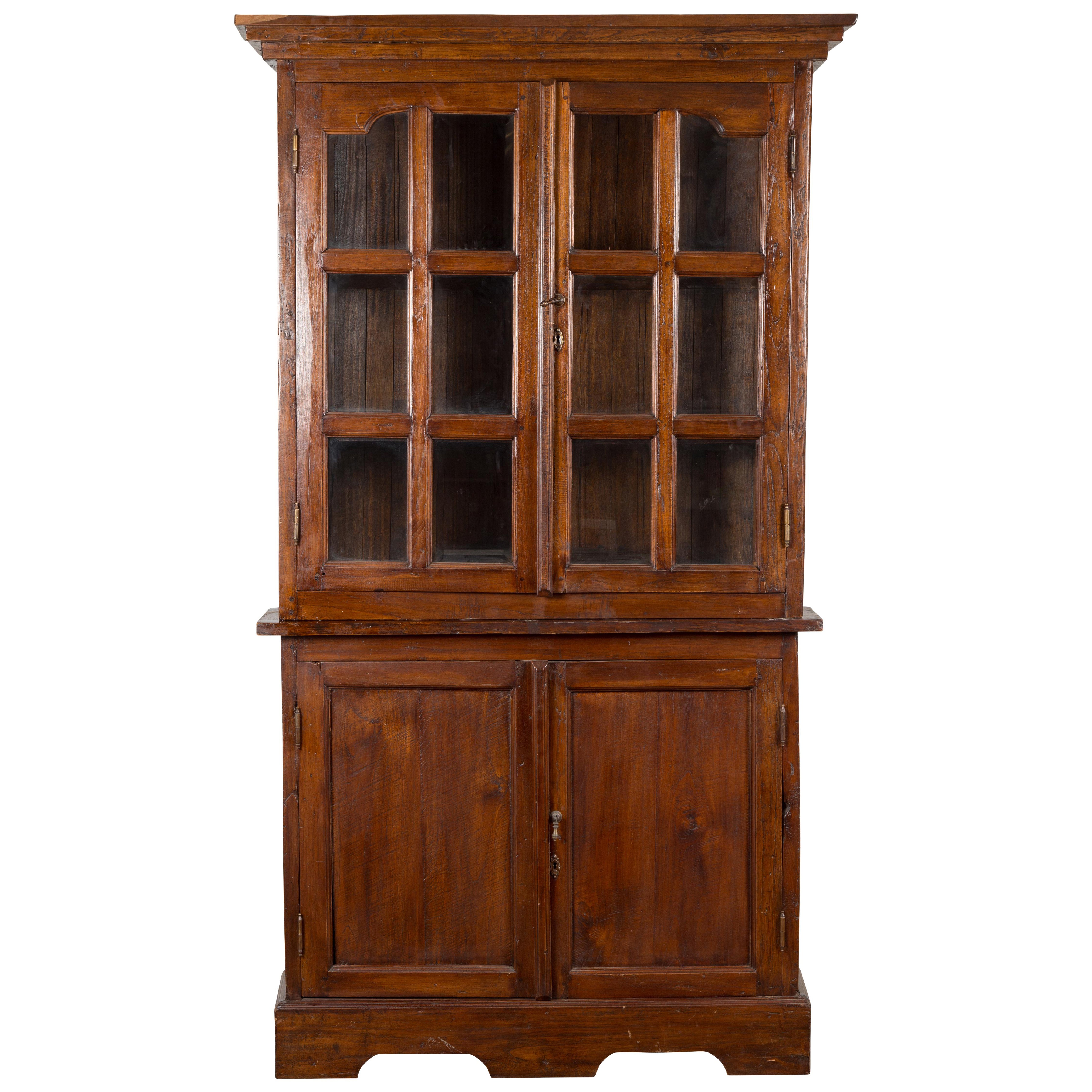 Javanese Dutch Colonial Two Part Display Corner Cabinet with Glass Doors