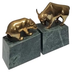 Bookends Bull and Bear Stockmarket Brass Statues on Marble