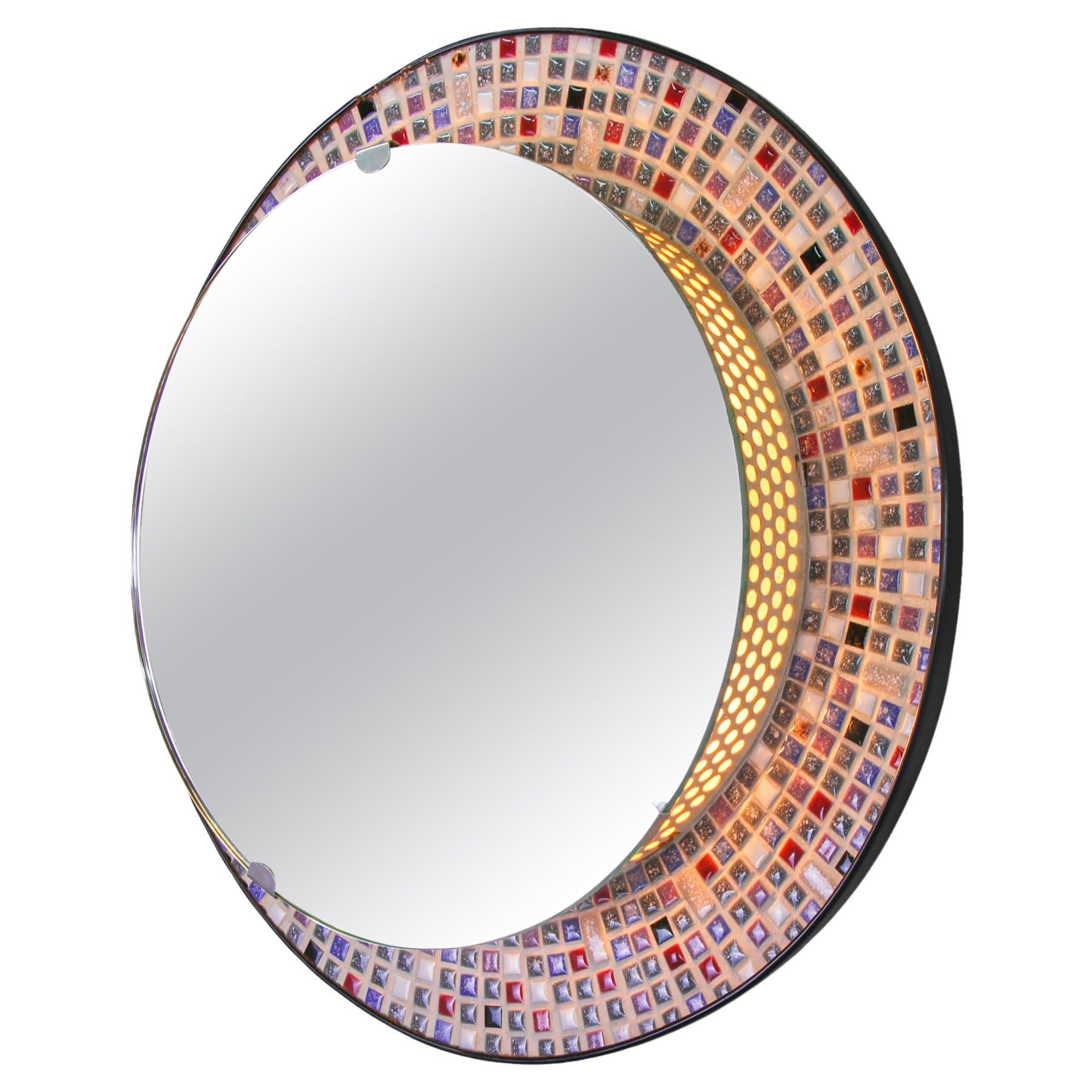 Circular Mosaic Backlit Mirror Glass and Perforated Metal, Germany 1950s For Sale