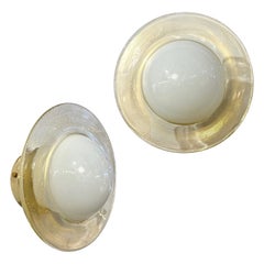 Italian Modern Cream Gold Murano Glass Brass Pair of Round Sconces/Flushmounts