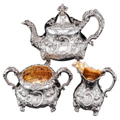 Service à thé/ Service de 3 pièces en argent sterling de style victorien ancien - Barnard 1857